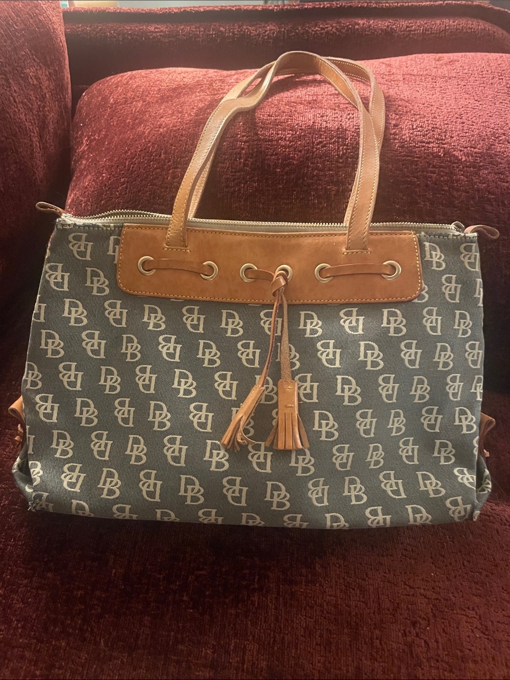 Vintage Dooney & Bourke Navy Logo Canvas Tote with Tan Leather Trim